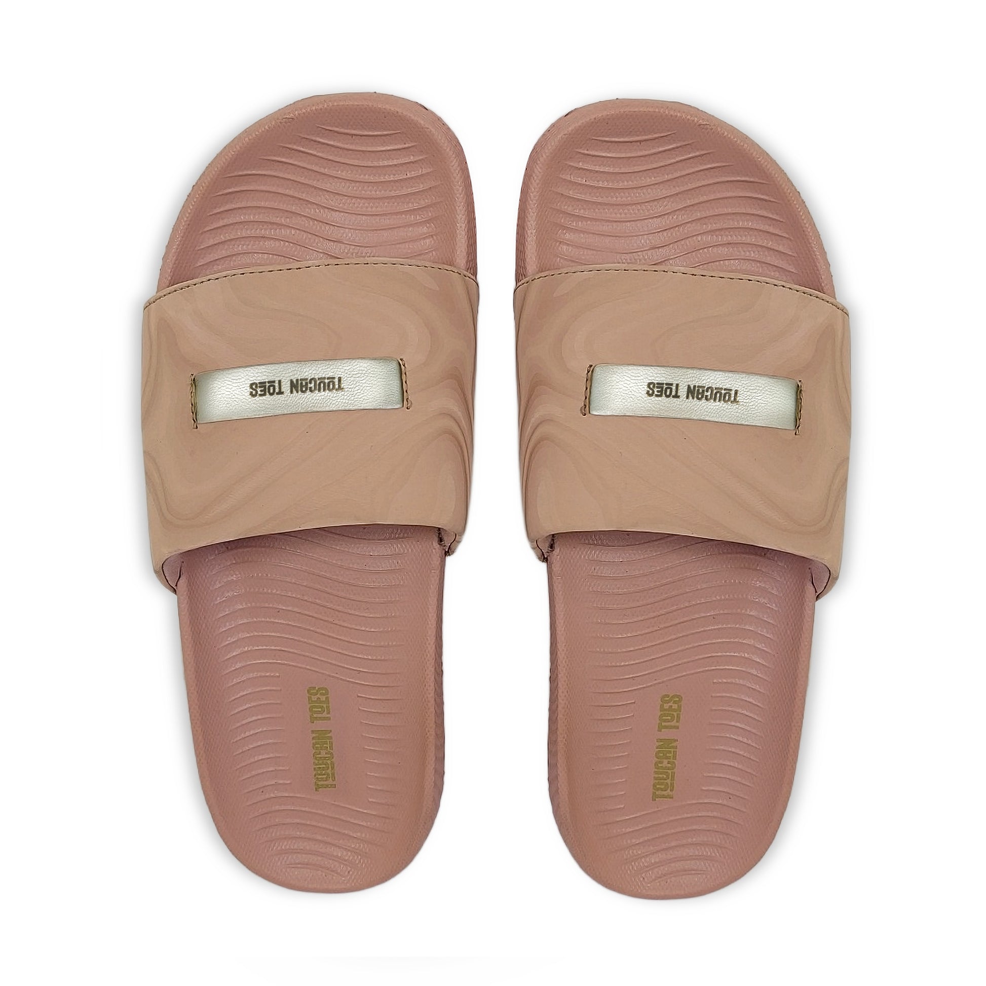Toucantoes stylish pink slides with textured footbed and branded straps, premium footwear India