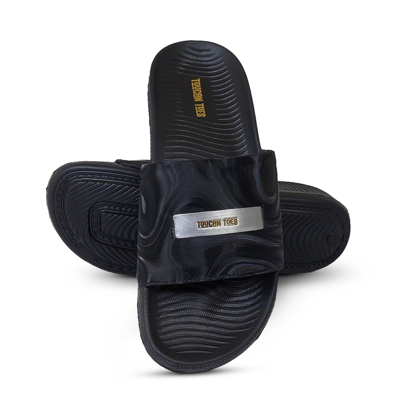 Black Toucan Toes slides with textured sole and stylish strap, comfortable footwear for men