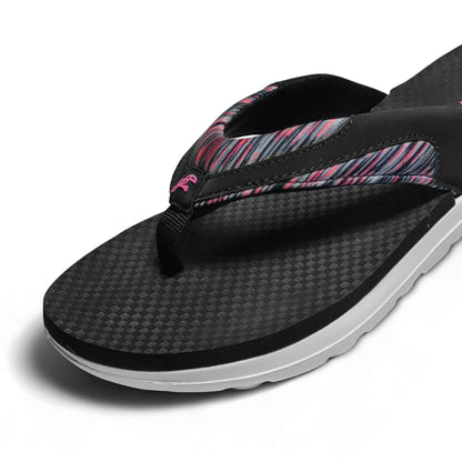 black and pink striped cushioned flip flop sandal with textured sole and white outsole