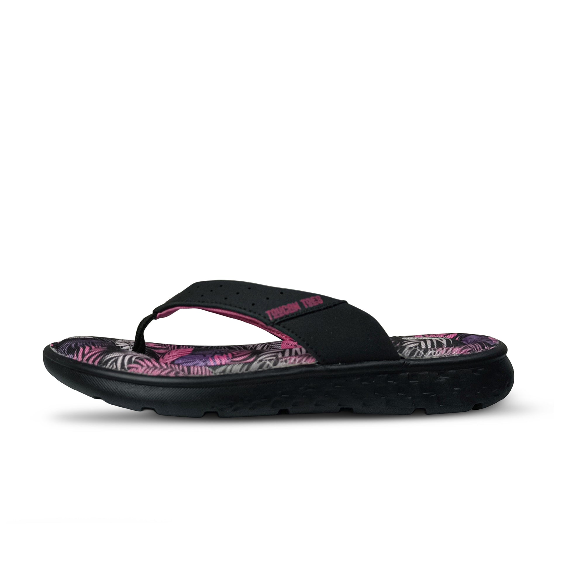 Toucantoes black flip-flop with tropical pink and black insole, stylish and durable footwear
