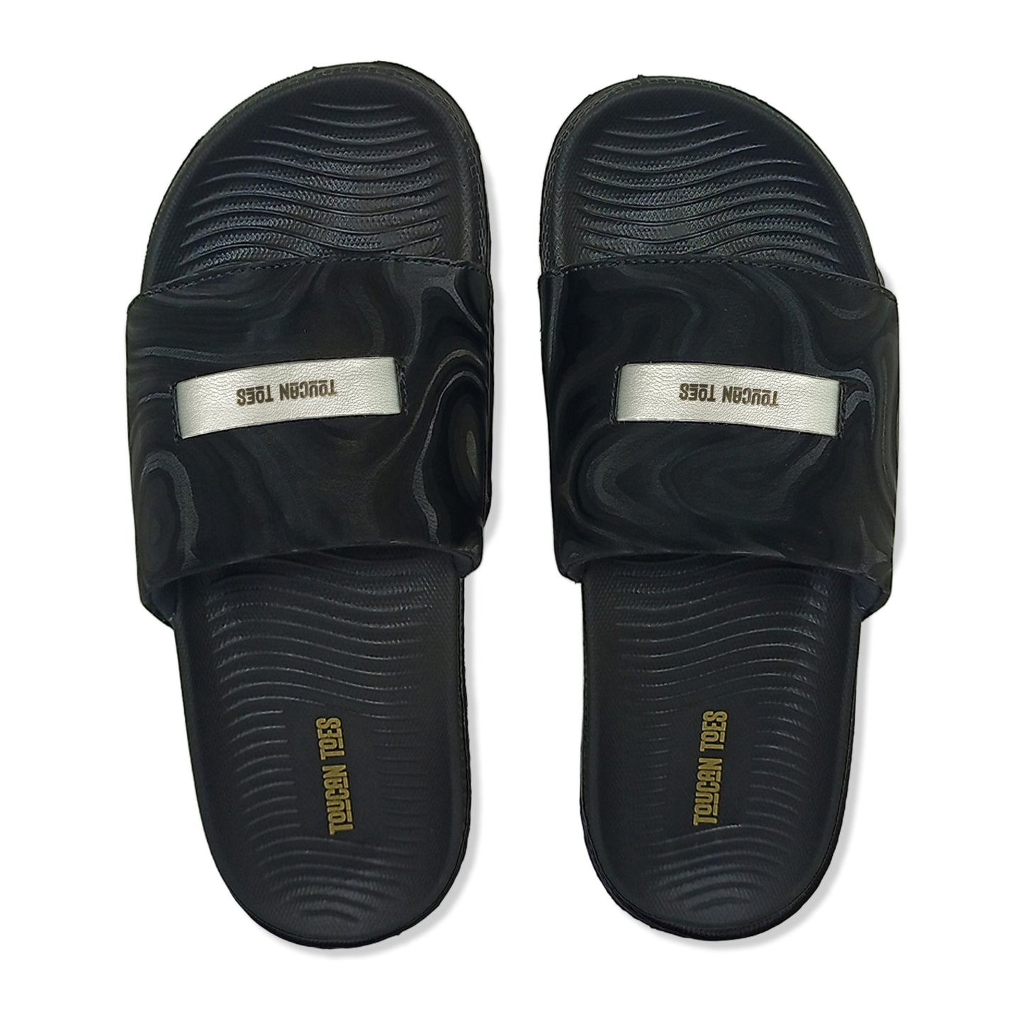 Toucan Toes black slide sandals with textured soles and logo straps, stylish durable footwear