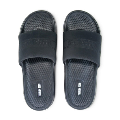 Pair of black rubber slide sandals with textured footbeds and embossed Toucan Toes logo