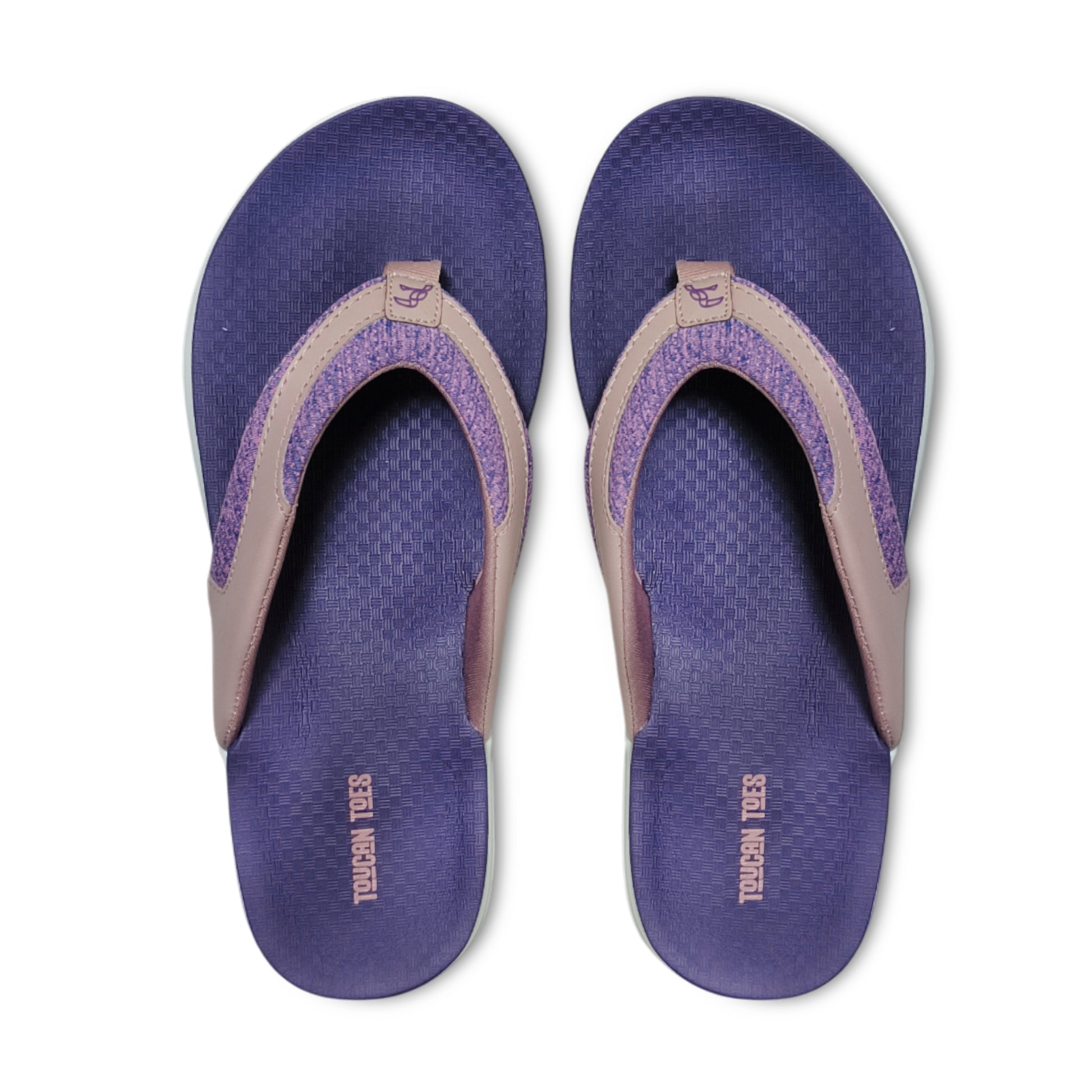 Purple and pink Toucan Toes flip-flop sandals with textured footbed and fabric straps
