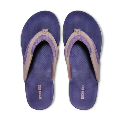 Purple and pink Toucan Toes flip-flop sandals with textured footbed and fabric straps