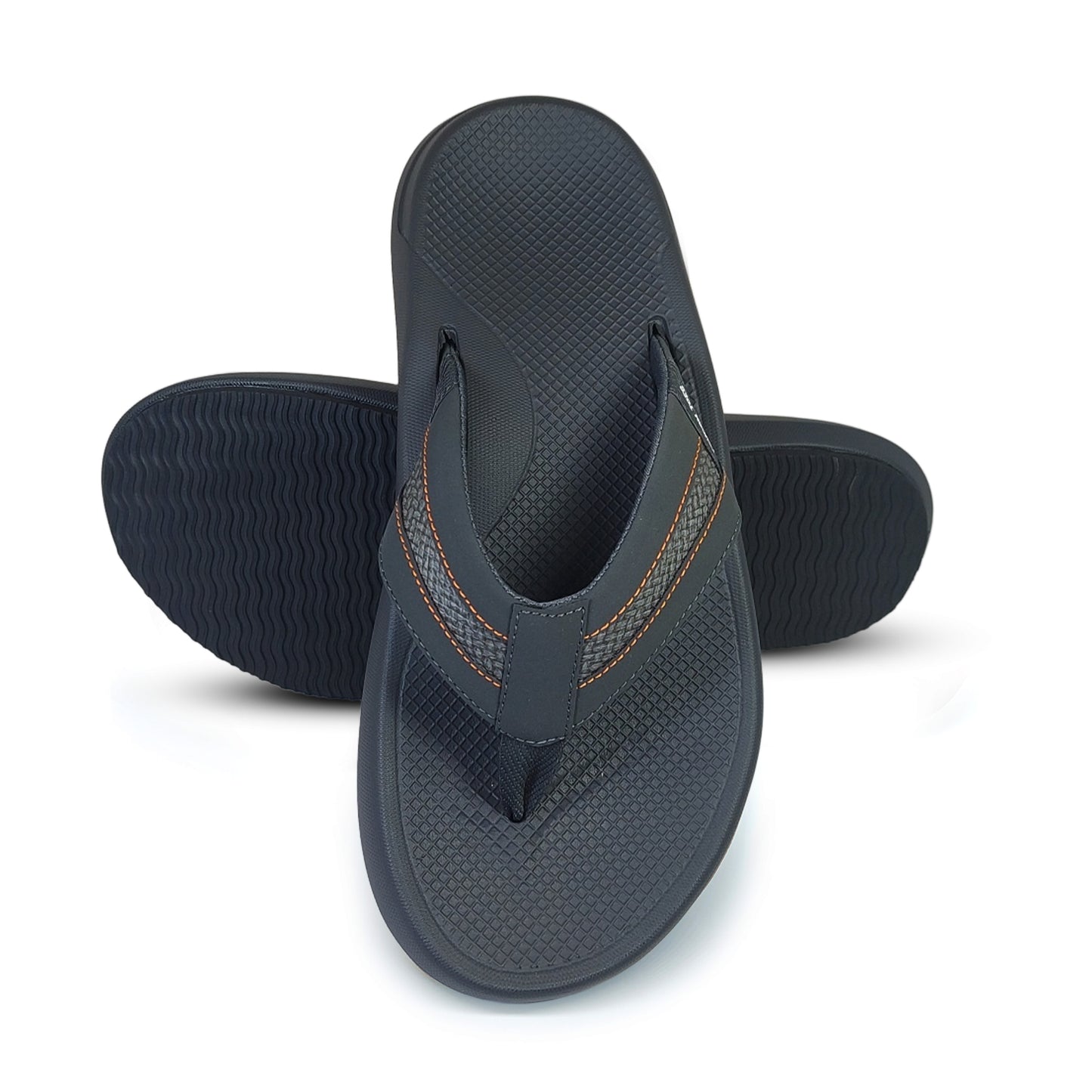 Toucantoes black flip-flops with orange stitching, textured sole, stylish durable footwear