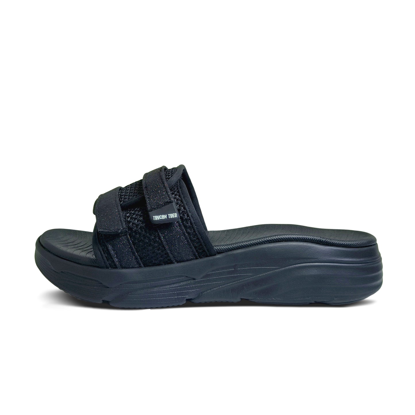 Black cushioned slide sandal with adjustable dual straps and textured sole