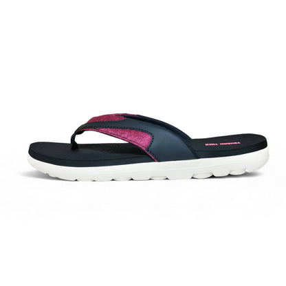 Side view of black and dark pink flip flop sandal with white sole on white background