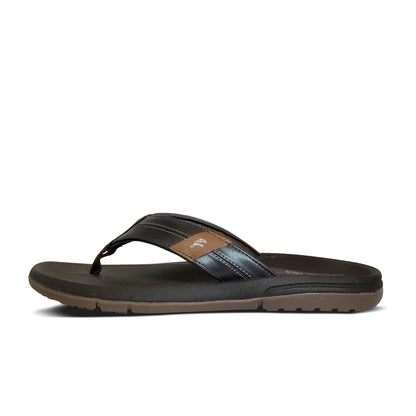 Men's black and brown flip-flop sandal with cushioned sole and stitched straps