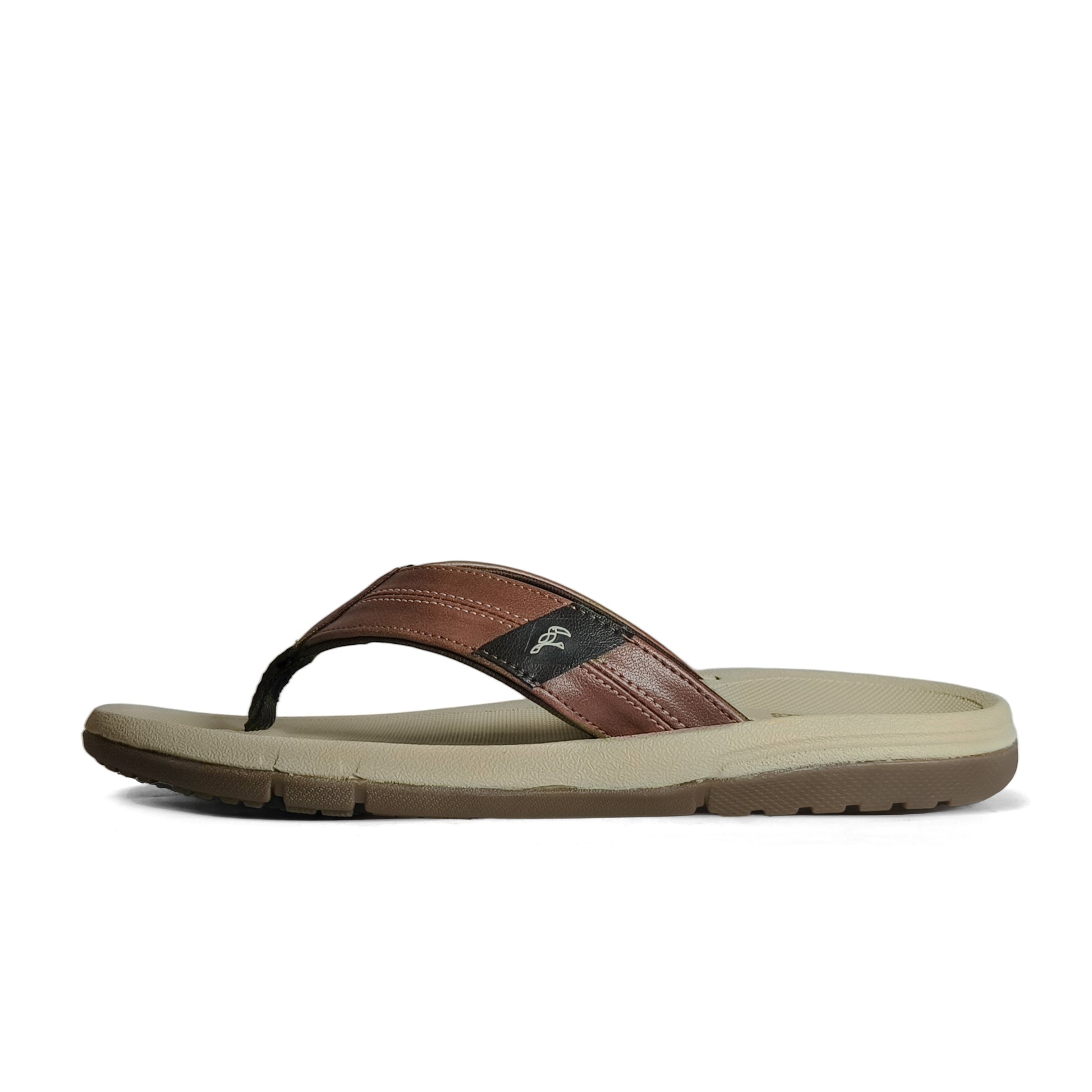 Side view of brown and black leather flip-flop sandal with beige cushioned sole on white background