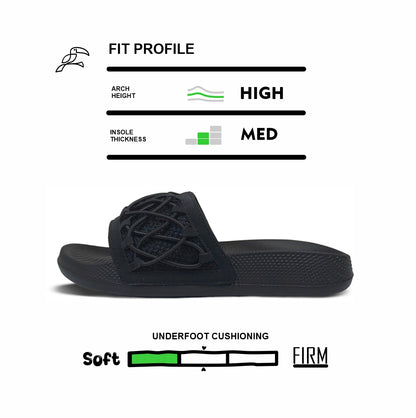 Toucantoes black slide sandal with braided strap, high arch support, medium insole, soft underfoot cushioning.