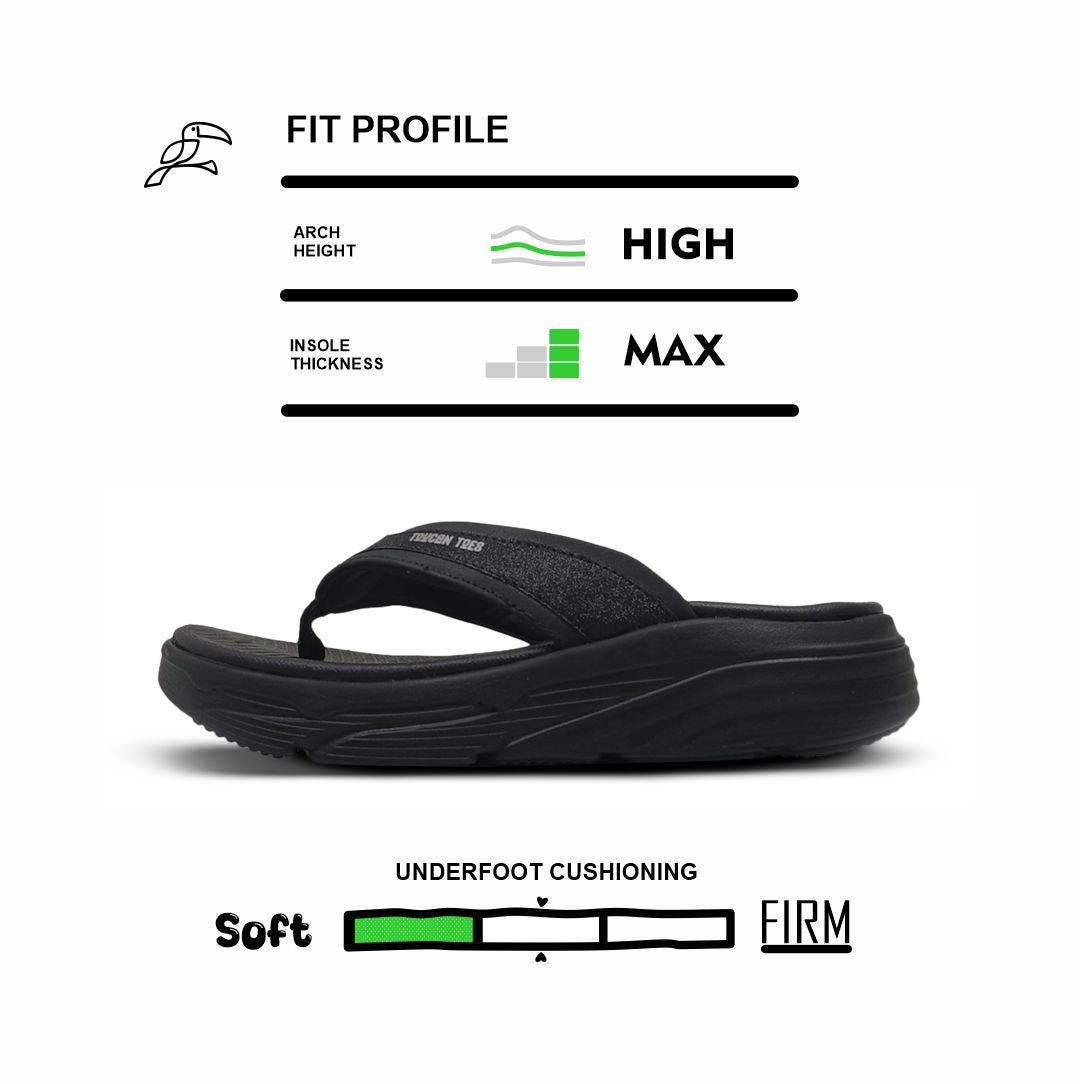 Toucantoes black flip-flop with high arch, max insole, and soft underfoot cushioning