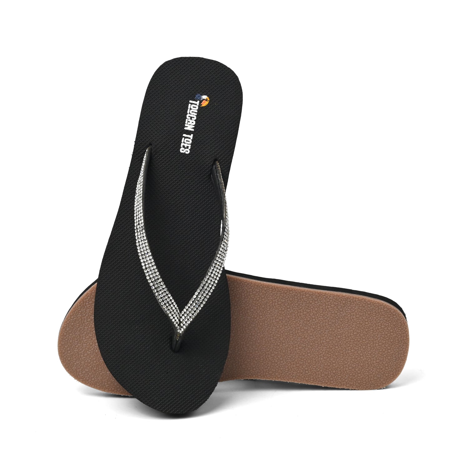 Toucantoes black flip-flops with rhinestone straps, stylish comfortable women's footwear