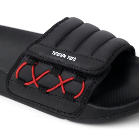 Toucantoes black slide sandal with red lace detail and cushioned strap, trendy footwear
