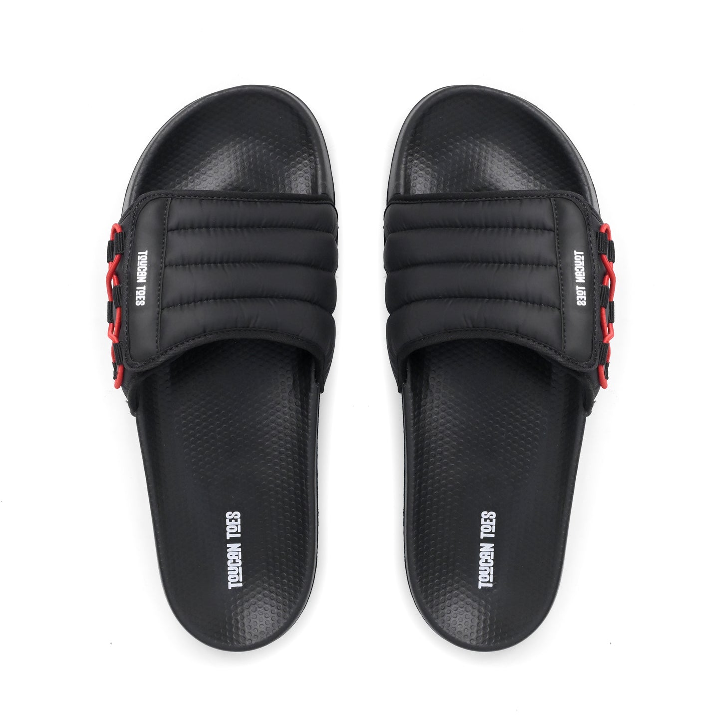 Toucantoes black slides with red accents, stylish and comfortable daily footwear