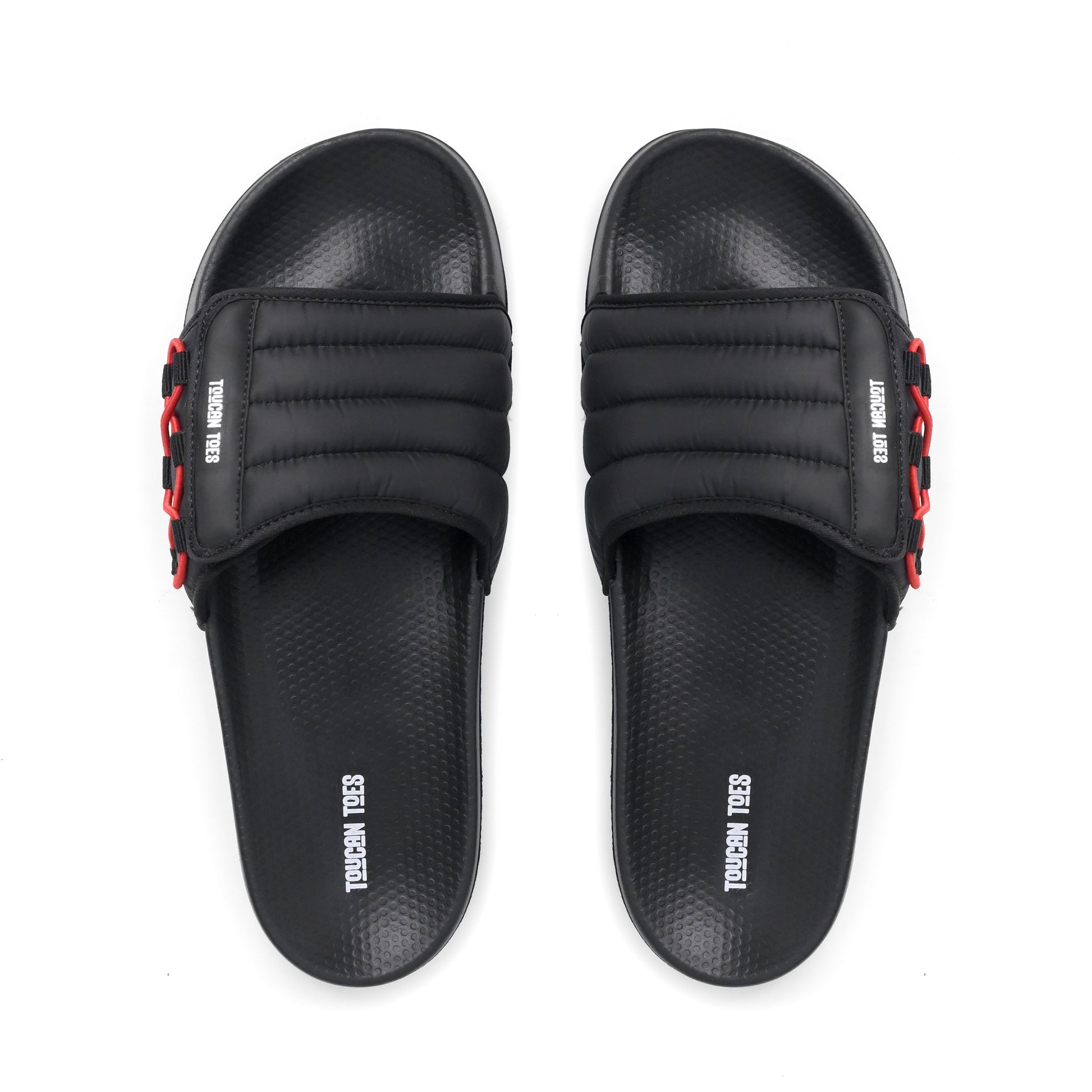Toucantoes black slides with red accents, stylish and comfortable daily footwear