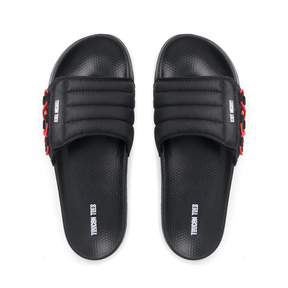 Toucantoes black slides with red accents, stylish and comfortable daily footwear