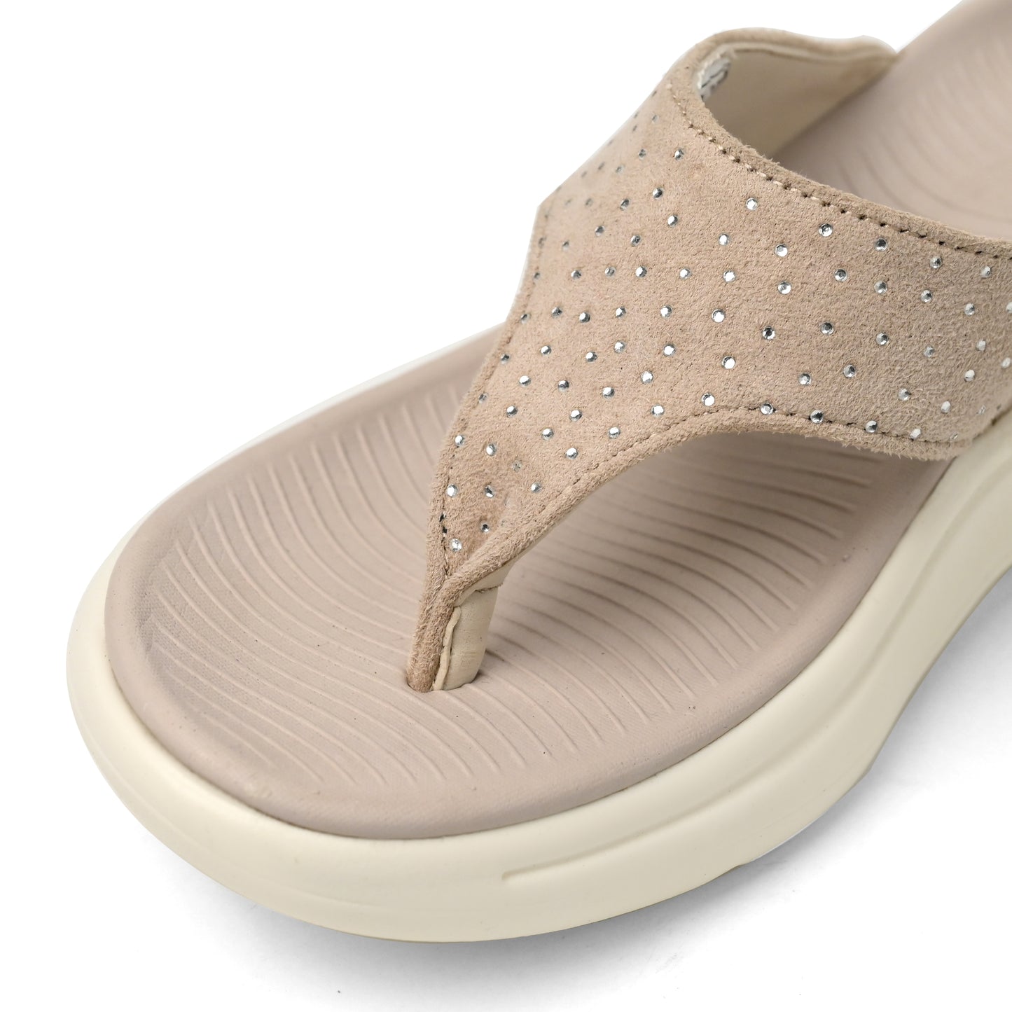 Beige Toucan Toes flip-flop sandal with cushioned sole and studded strap, stylish footwear