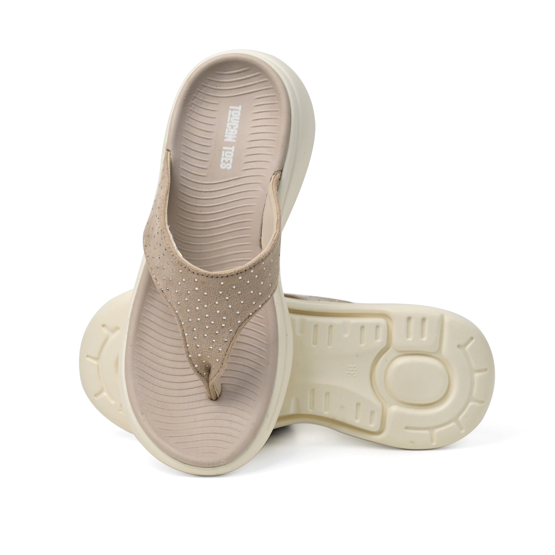 Beige Toucantoes women's flip-flops with cushioned sole and studded straps display