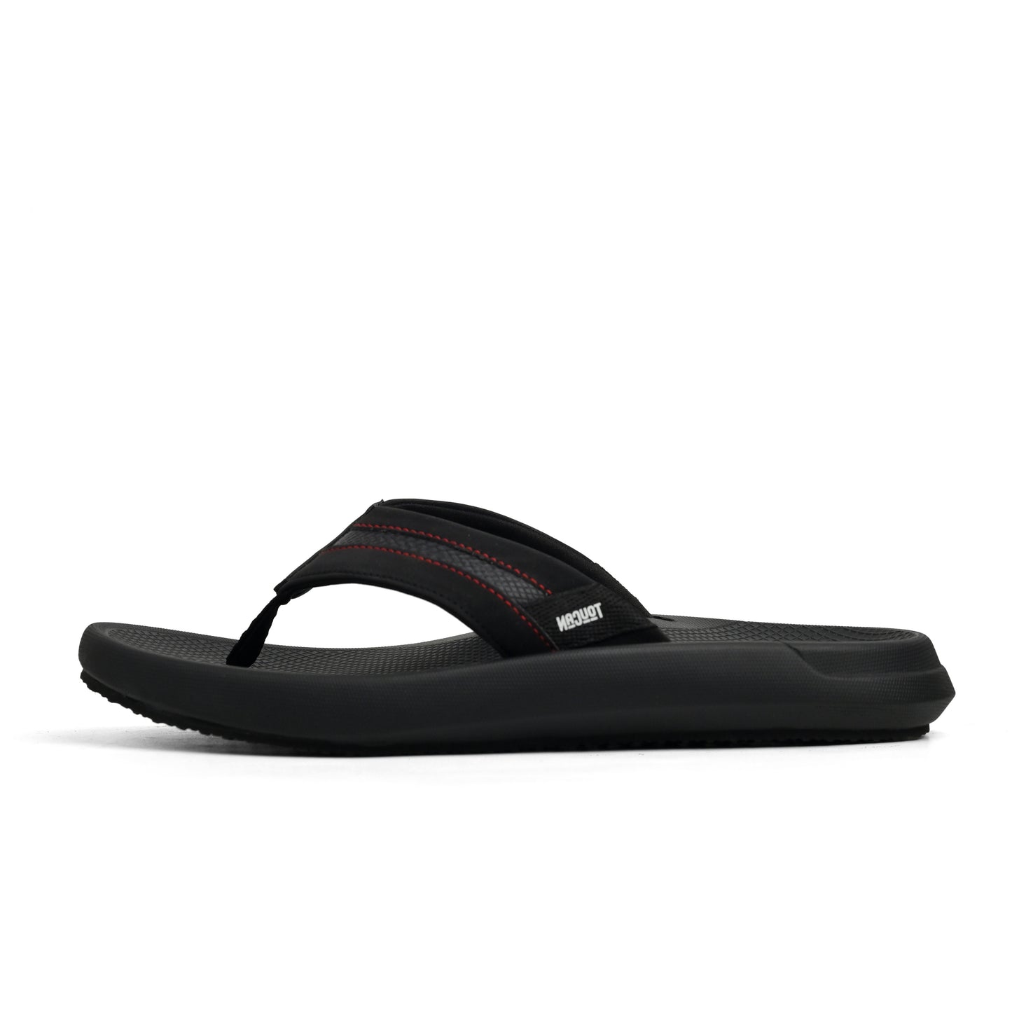 Black flip-flop sandal with textured footbed, red stitching, and cushioned sole on white background