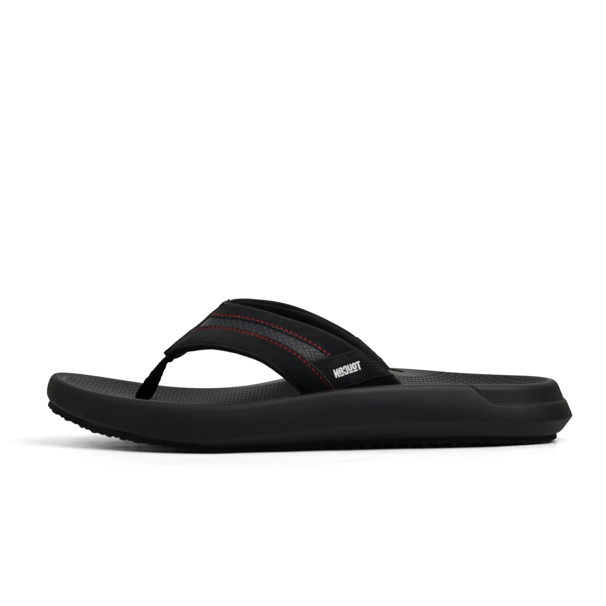 Black flip-flop sandal with textured footbed, red stitching, and cushioned sole on white background