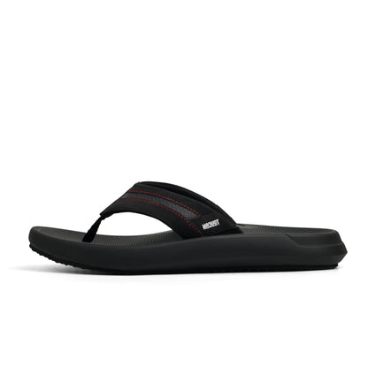 Black flip-flop sandal with textured footbed, red stitching, and cushioned sole on white background