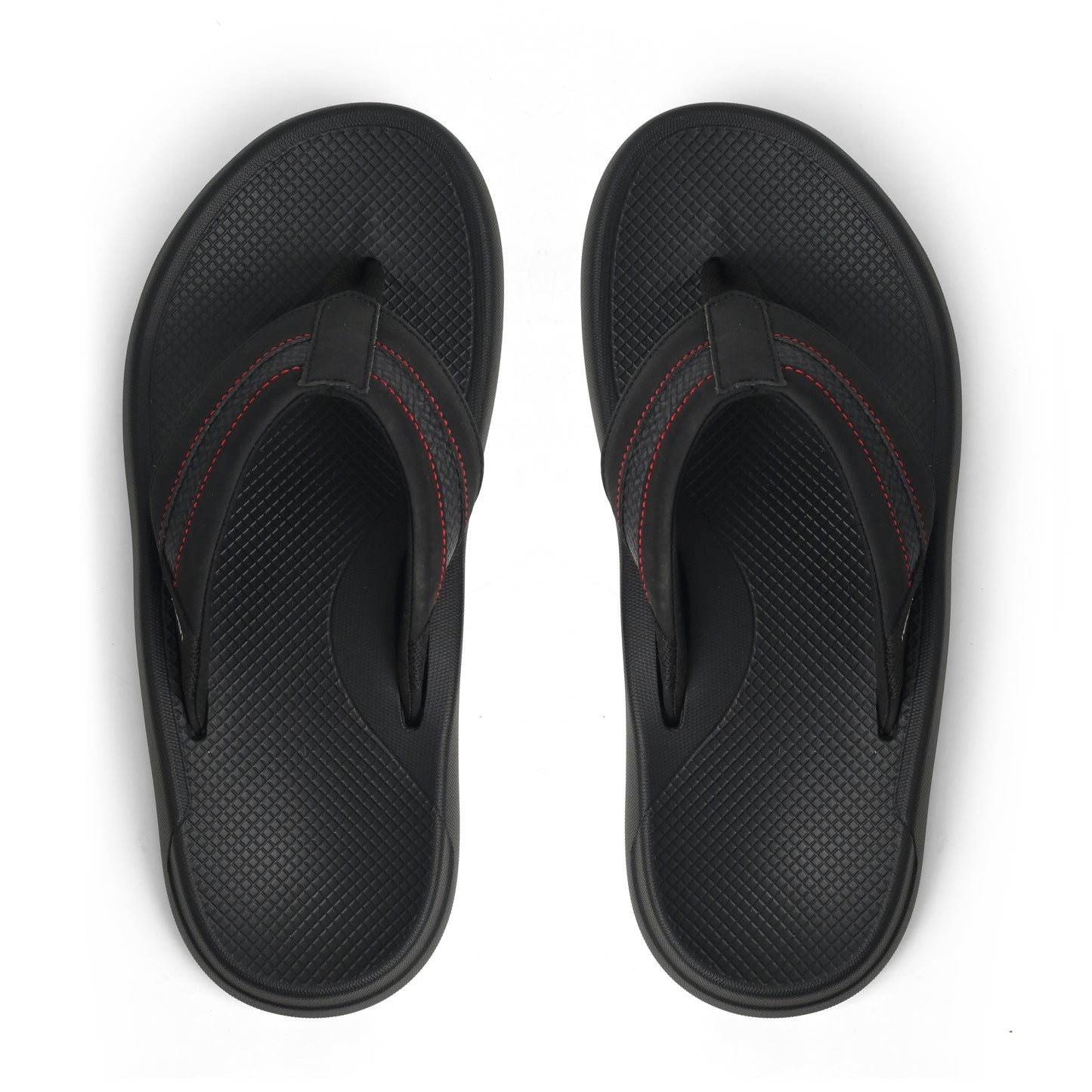 Pair of black textured flip-flop sandals with red stitching on white background