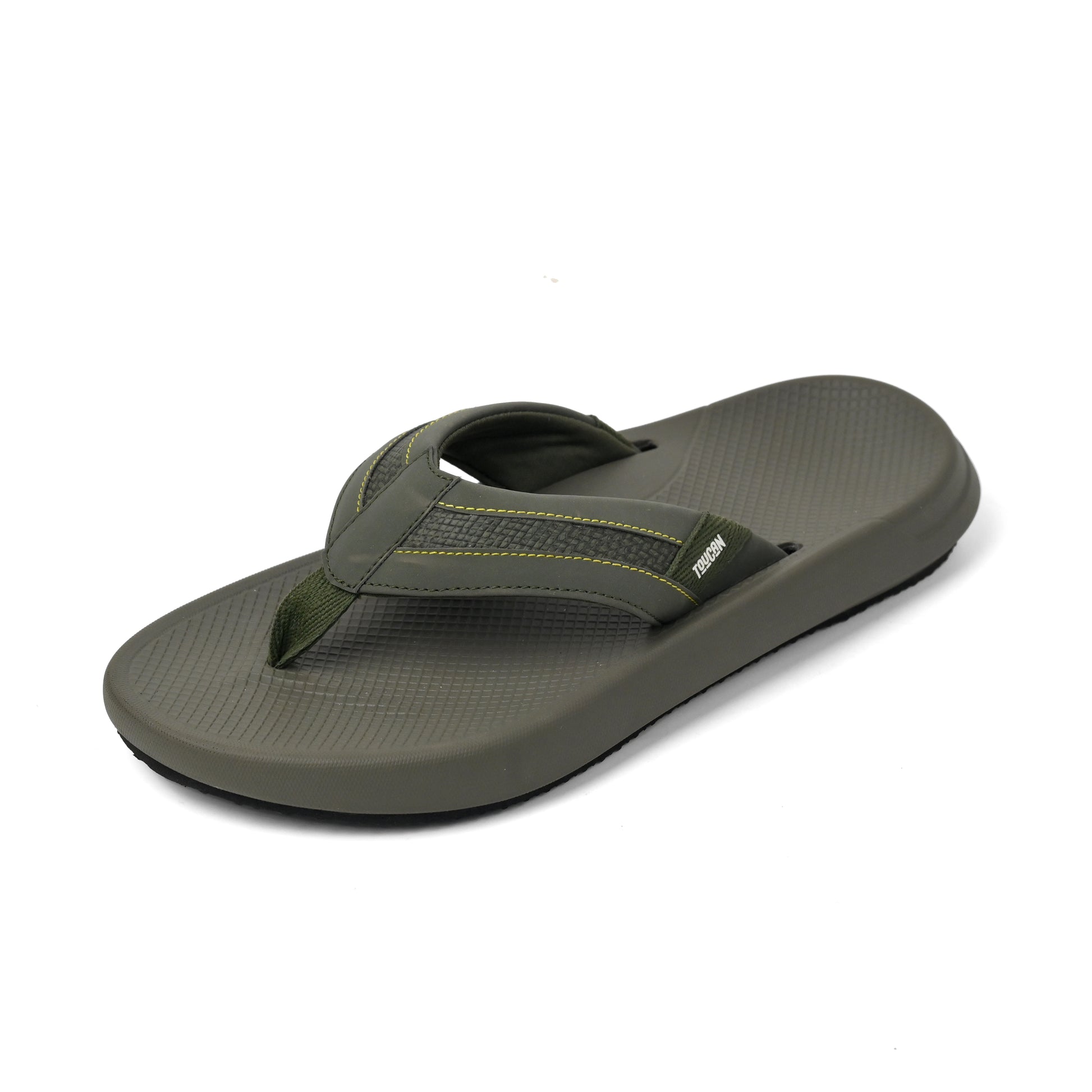 Men's olive green flip flop sandal with cushioned sole and yellow stitching detail