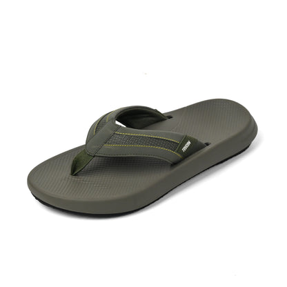 Men's olive green flip flop sandal with cushioned sole and yellow stitching detail