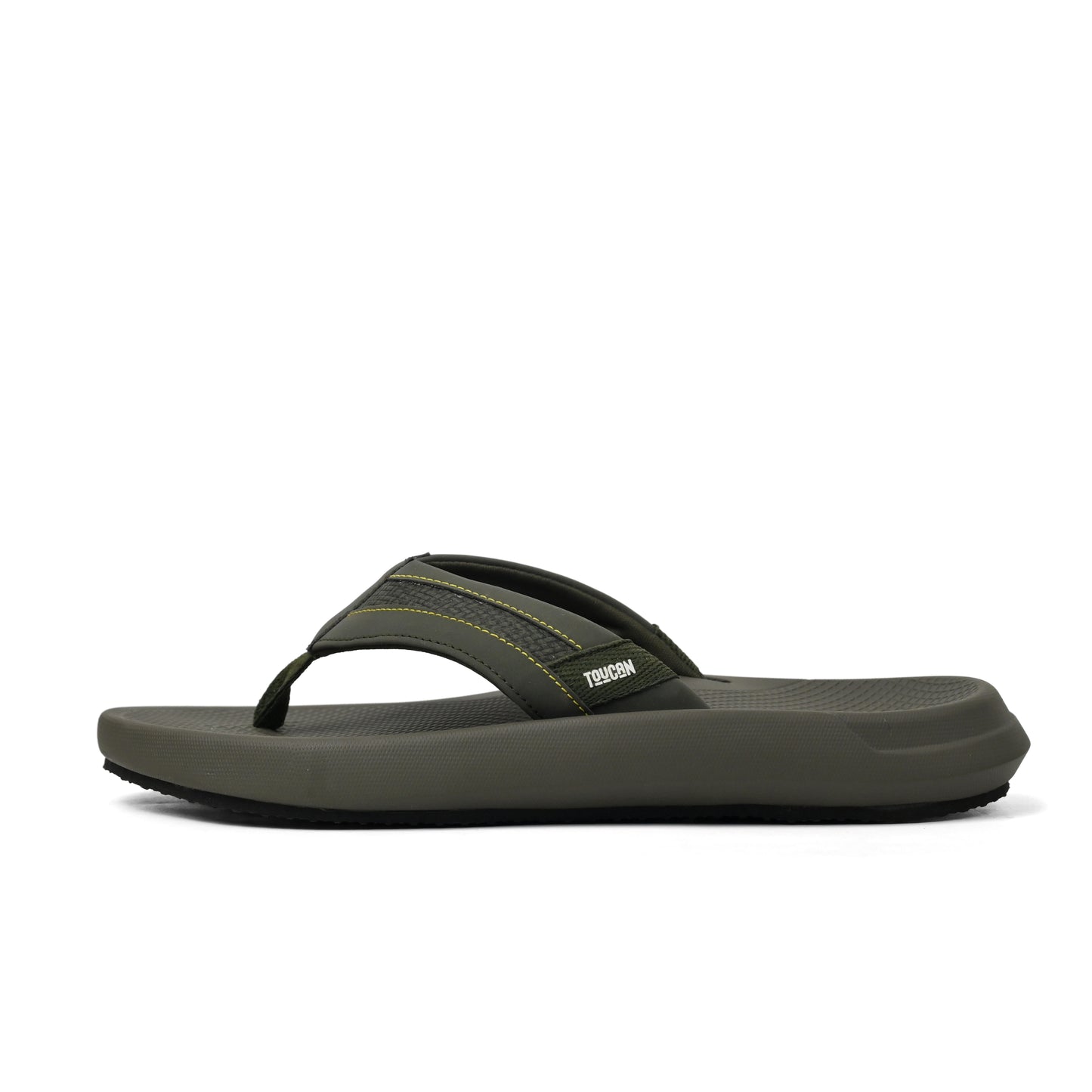 Side view of olive green Toucan rubber flip-flop sandal with cushioned sole and yellow stitching