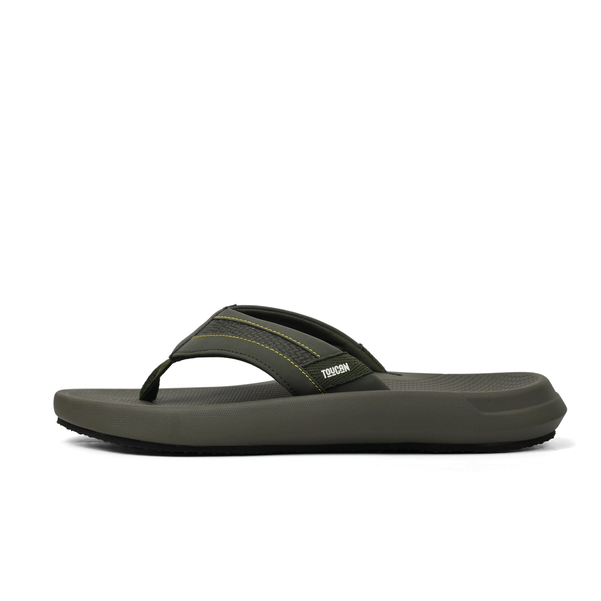 Side view of olive green Toucan rubber flip-flop sandal with cushioned sole and yellow stitching