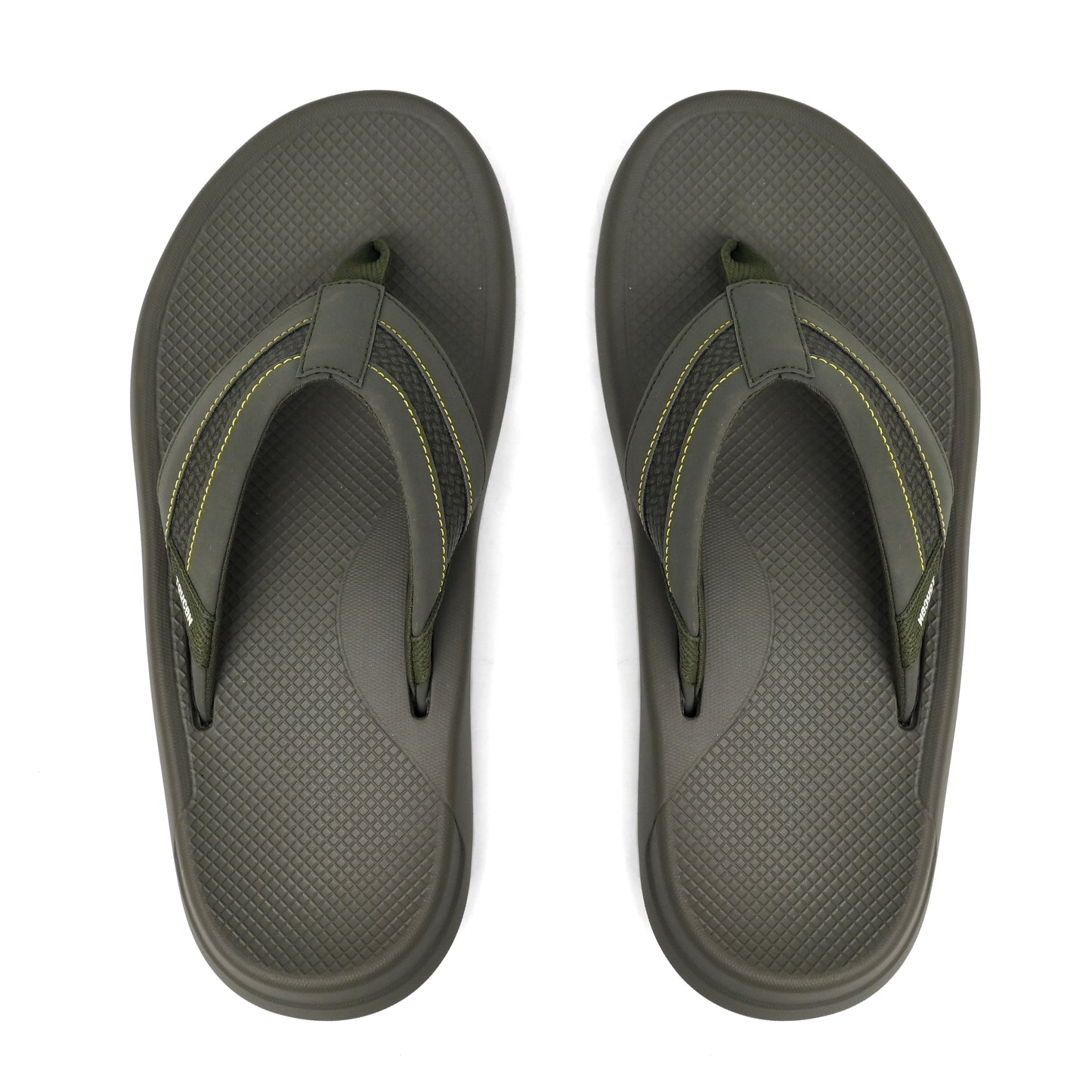 Top view of men's brown flip flop sandals with textured footbed and yellow stitching on straps
