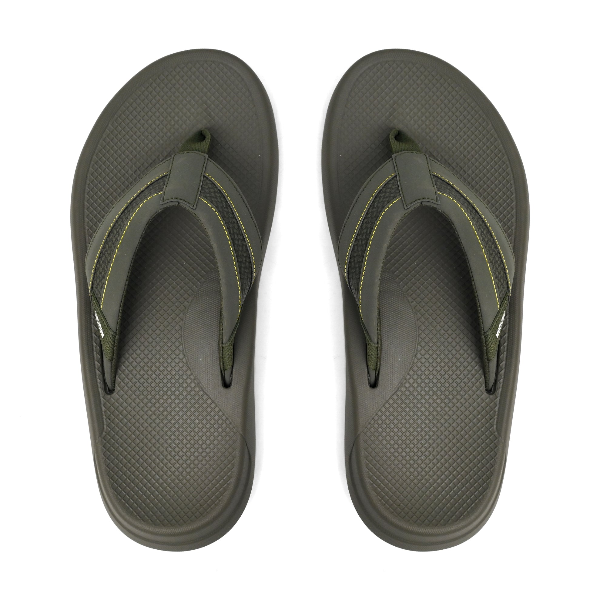 Top view of men's brown flip flop sandals with textured footbed and yellow stitching on straps