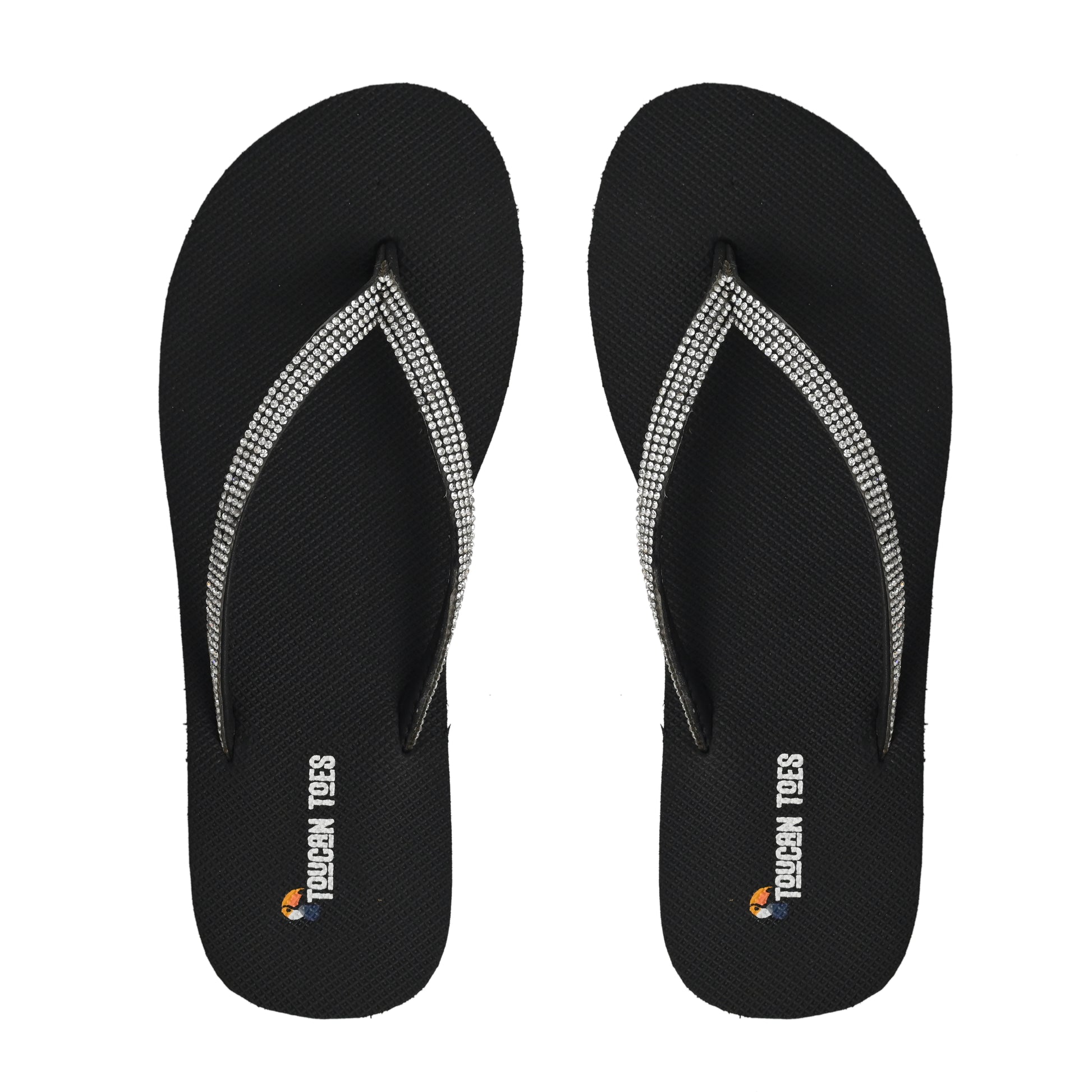 Toucantoes black flip-flops with rhinestone straps, stylish and durable daily footwear