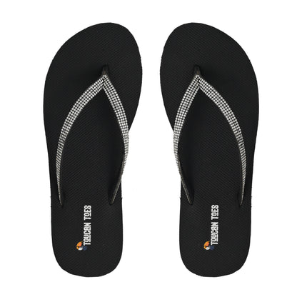 Toucantoes black flip-flops with rhinestone straps, stylish and durable daily footwear