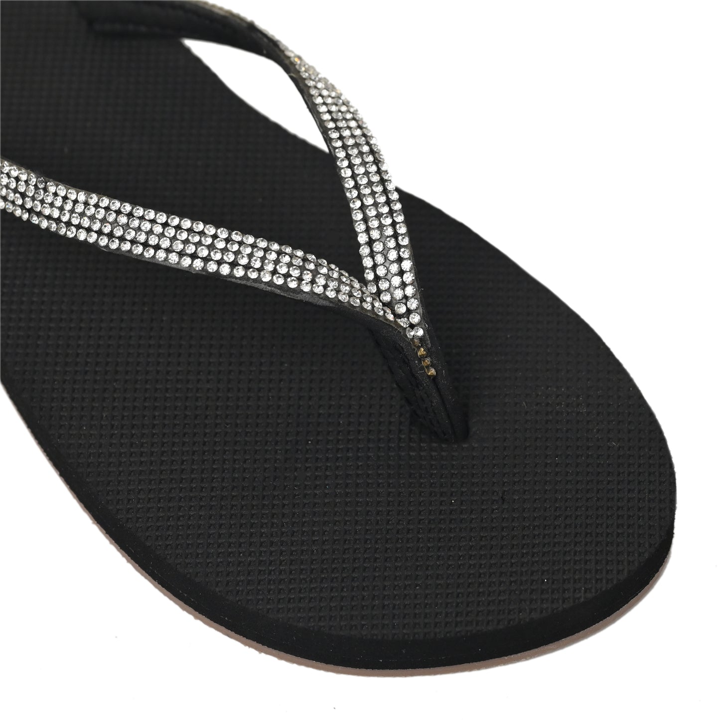 Black Toucan Toes flip-flop with sparkling rhinestone straps, stylish and trendy footwear.