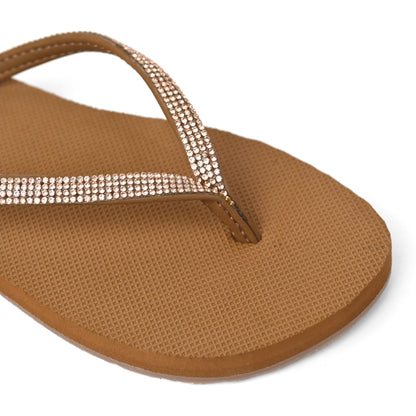 Brown Toucan Toes flip-flop with sparkling rhinestone straps, stylish women's footwear