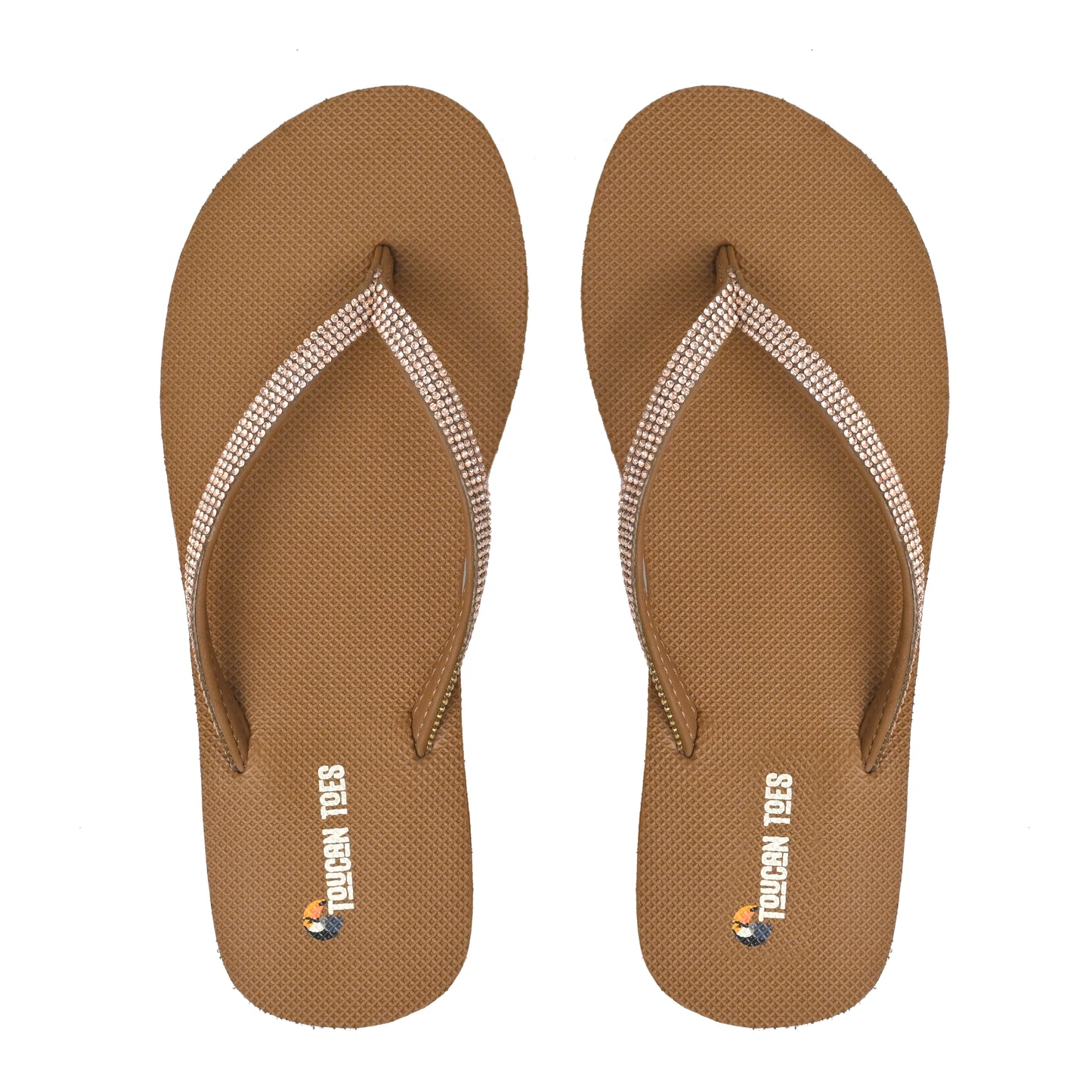 Brown Toucan Toes flip-flops with textured soles and rhinestone-embellished straps