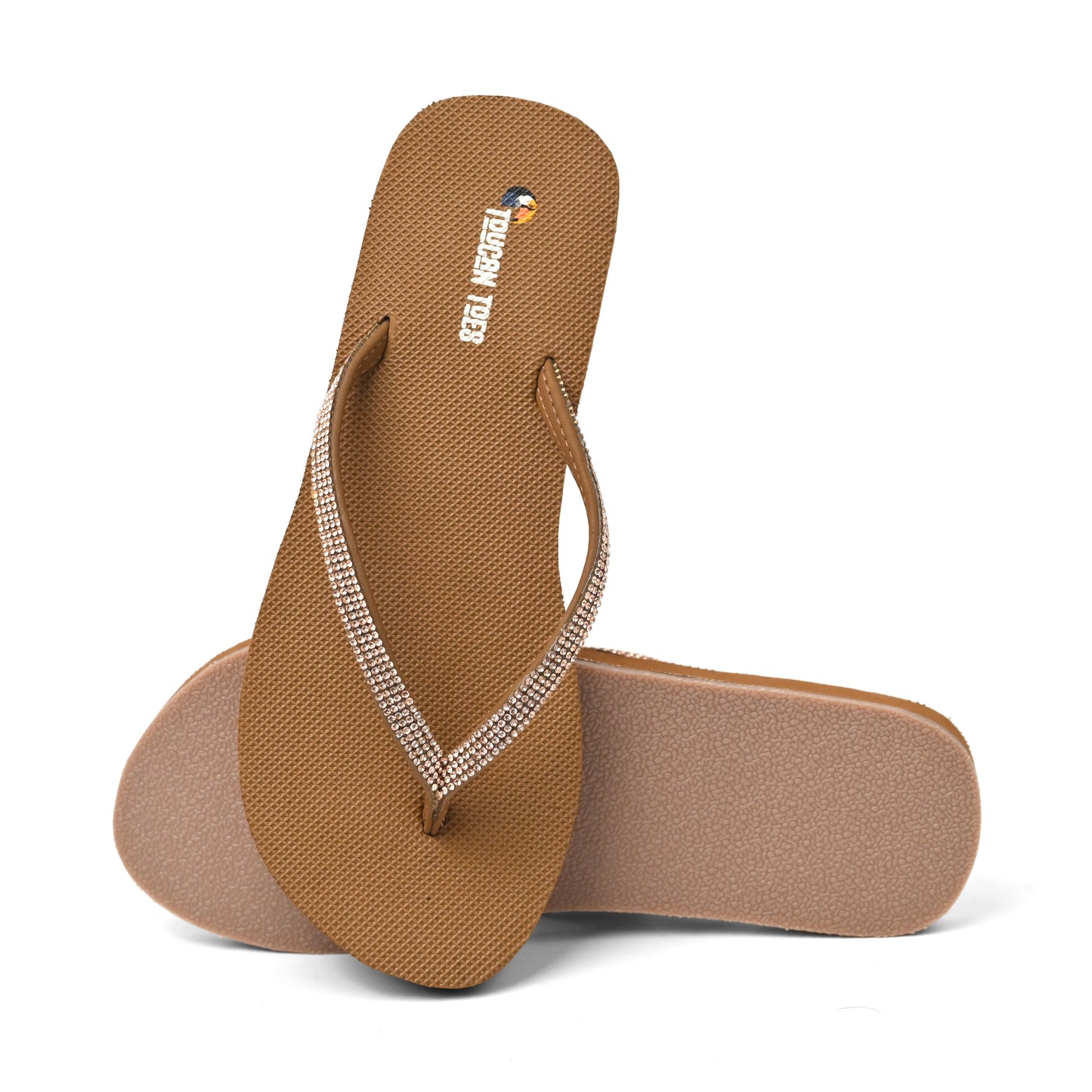 Brown Toucantoes women's flip-flops with rhinestone straps on a white background