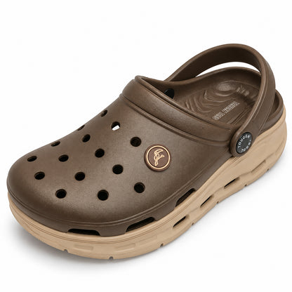 Toucantoes Frank men's brown clog, three-quarter side view
