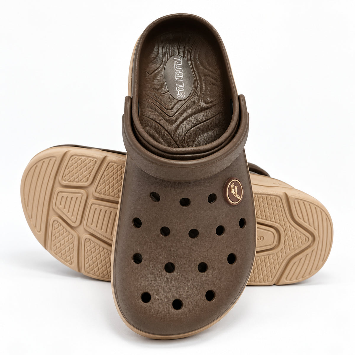 Toucantoes Frank brown clog angled view showing the textured anti-slip outsole