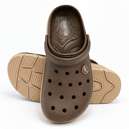 Toucantoes Frank brown clog angled view showing the textured anti-slip outsole