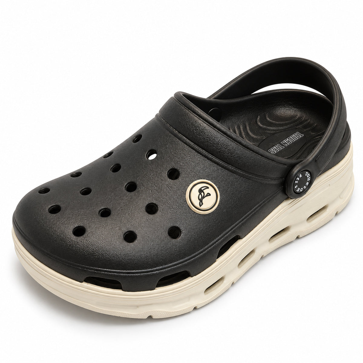 Frank men’s clogs black, side profile with off-white platform sole