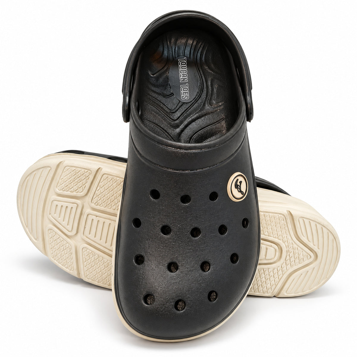 Frank men’s clogs black, top and outsole view