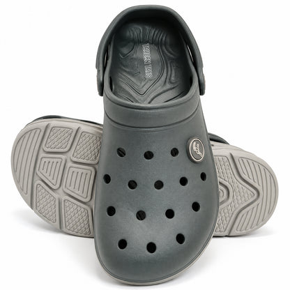 Toucantoes Frank grey clog angled view showing the textured anti-slip outsole