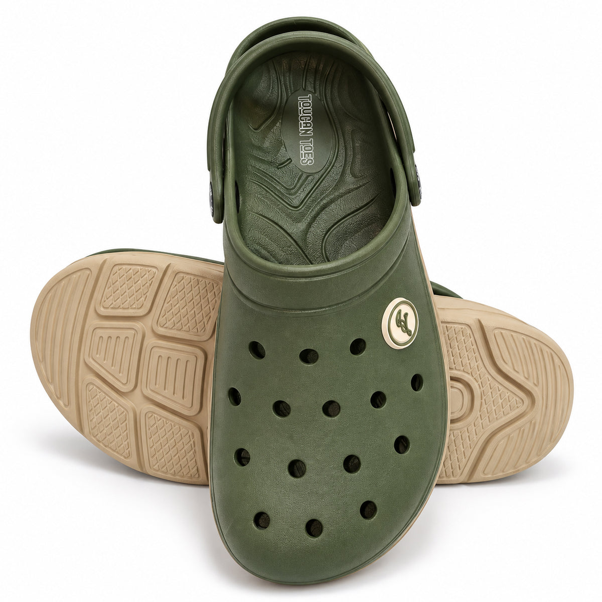 Toucantoes Frank olive clog angled view showing the textured anti-slip outsole