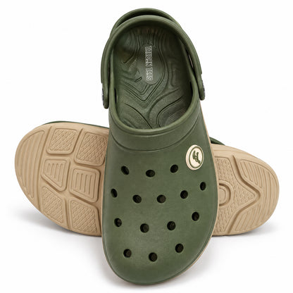 Toucantoes Frank olive clog angled view showing the textured anti-slip outsole