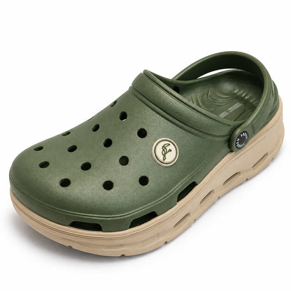 Toucantoes Frank men's olive clog, three-quarter side view
