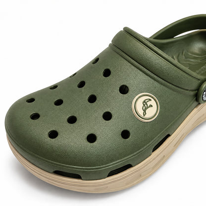 Close-up of the Toucantoes Frank olive clog upper with ventilation holes