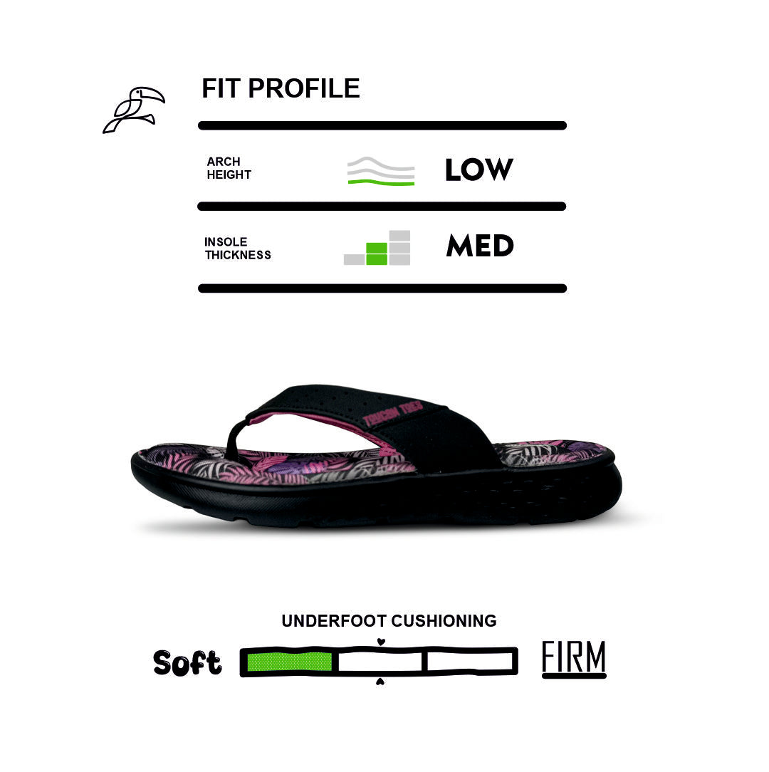Toucantoes black and pink flip-flop with low arch, medium insole, soft cushioning, fit profile chart.