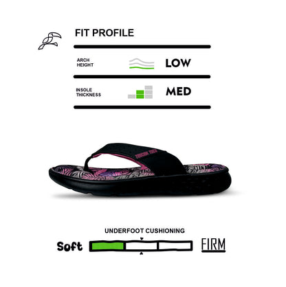 Toucantoes black and pink flip-flop with low arch, medium insole, soft cushioning, fit profile chart.